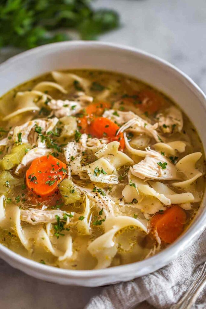 Instant Pot chicken noodle soup in a white bowl with shredded chicken, egg noodles, carrots, and fresh parsley