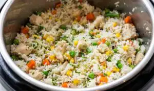 Instant Pot chicken and rice served in a white bowl topped with fresh parsley