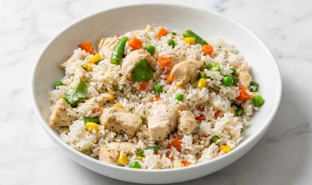 Instant Pot chicken and rice served in a white bowl topped with fresh parsley
