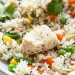 Instant Pot chicken and rice served in a white bowl topped with fresh parsley