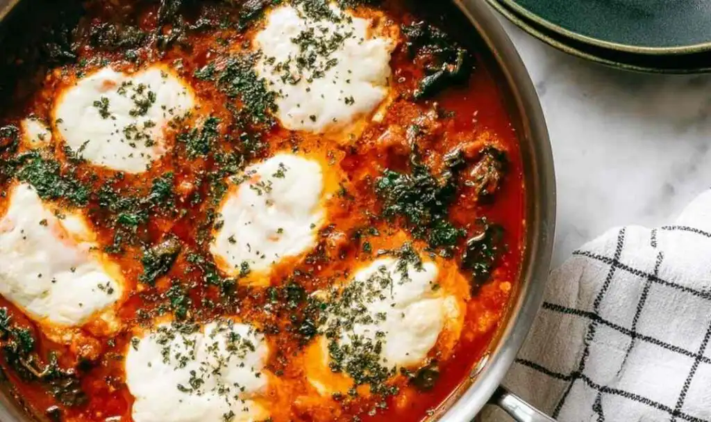 Baked Italian chicken meatballs in oregano marinara sauce topped with melted fresh mozzarella in a skillet