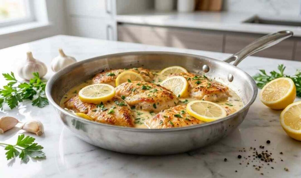 Lemon Parmesan chicken cutlets in a creamy lemon Parmesan sauce garnished with lemon slices and fresh parsley in a skillet