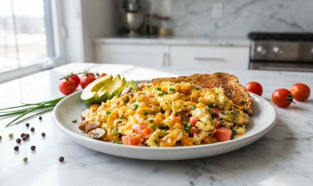 Loaded scrambled eggs with bacon, sauteed bell pepper, mushrooms, and melted cheddar in a nonstick skillet