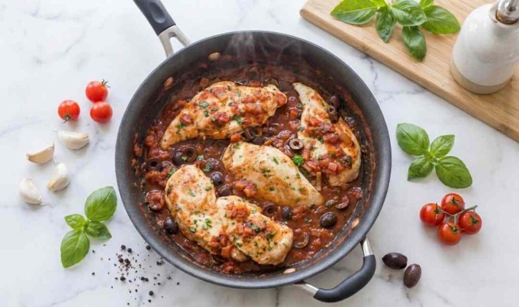 Mediterranean chicken skillet with kalamata olives, feta, and fresh parsley in a large pan