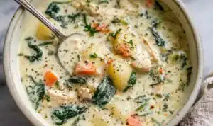 Olive Garden chicken gnocchi soup recipe served in a white bowl with shredded chicken, fresh spinach, and potato gnocchi
