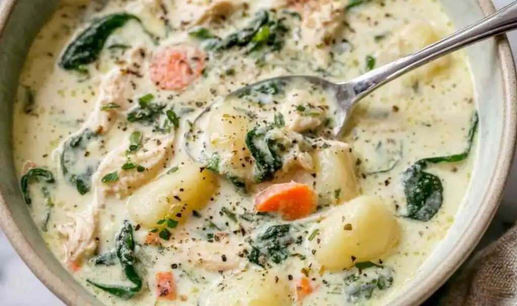 Olive Garden chicken gnocchi soup recipe served in a white bowl with shredded chicken, fresh spinach, and potato gnocchi