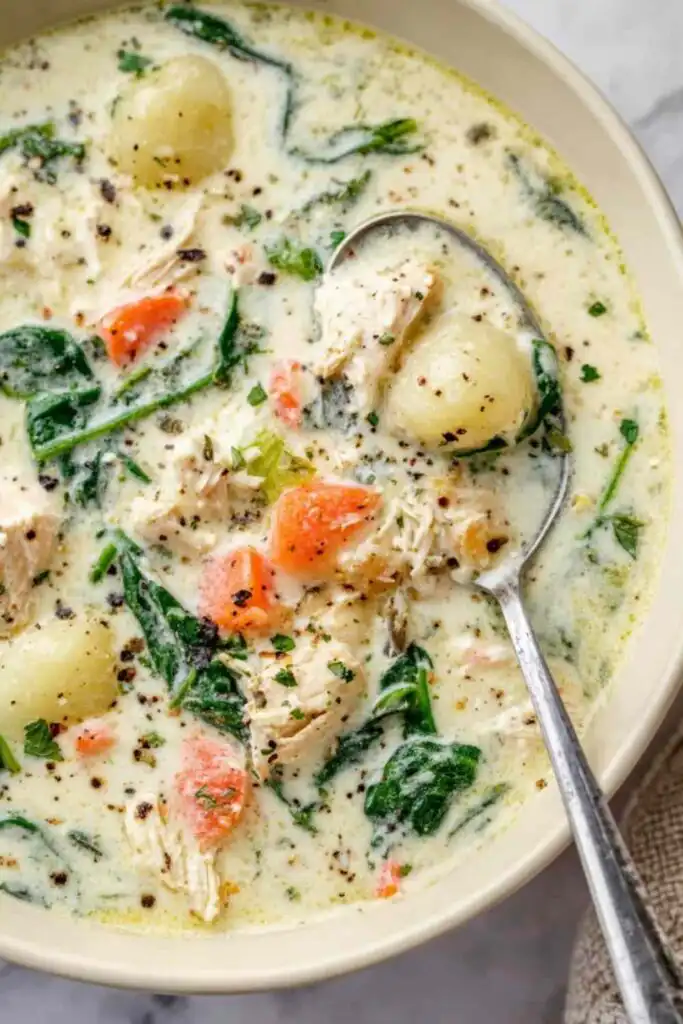 Olive Garden chicken gnocchi soup recipe served in a white bowl with shredded chicken, fresh spinach, and potato gnocchi