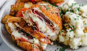 Prosciutto stuffed chicken breast sliced open to reveal creamy burrata filling on a white dinner plate