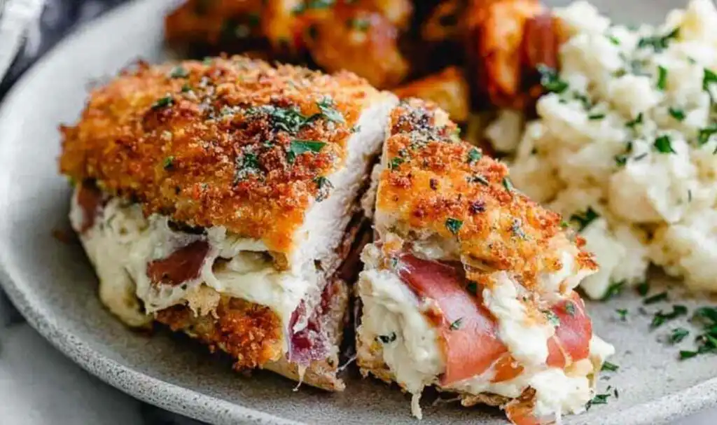 Prosciutto stuffed chicken breast sliced open to reveal creamy burrata filling on a white dinner plate