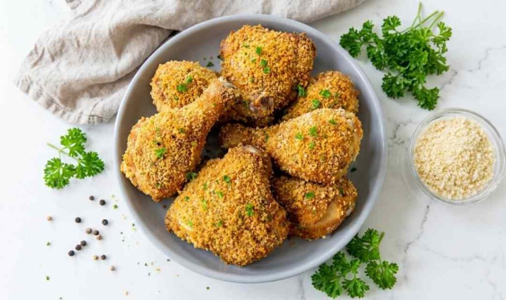 Homemade Shake and Bake Chicken on a wire rack with a golden crispy Panko coating