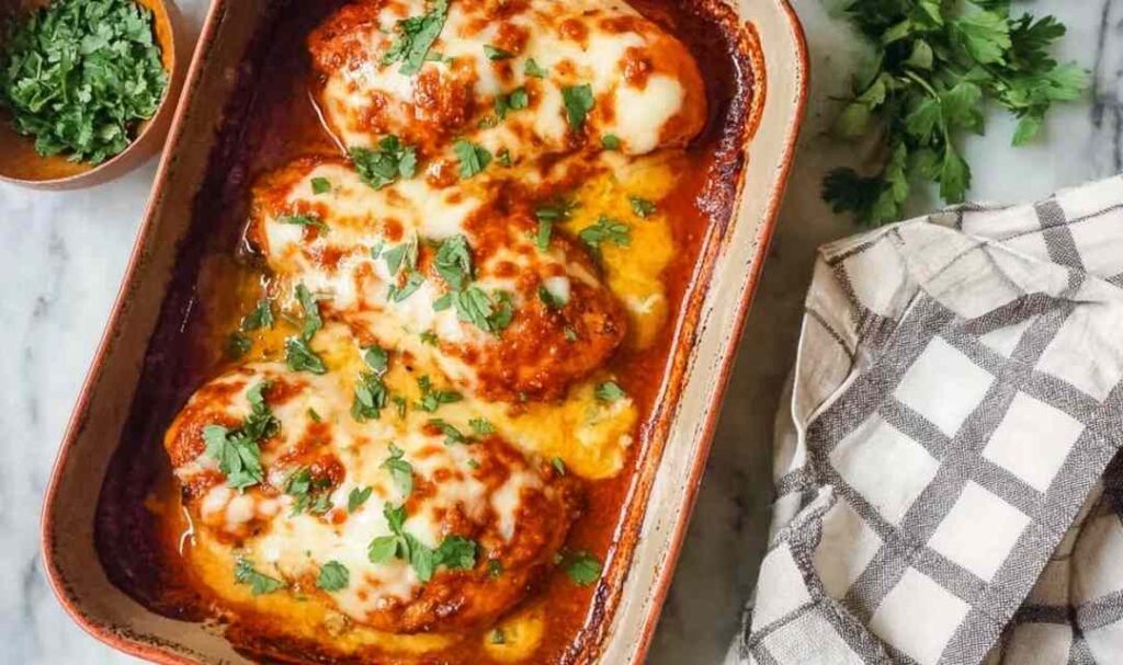 Southwest Chicken Bake 5 Southwest chicken bake in a white baking dish topped with melted Mexican cheese and fresh cilantro
