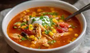 Southwest Chicken Soup A bowl of Southwest chicken soup topped with crushed tortilla chips, sour cream, and avocado slices