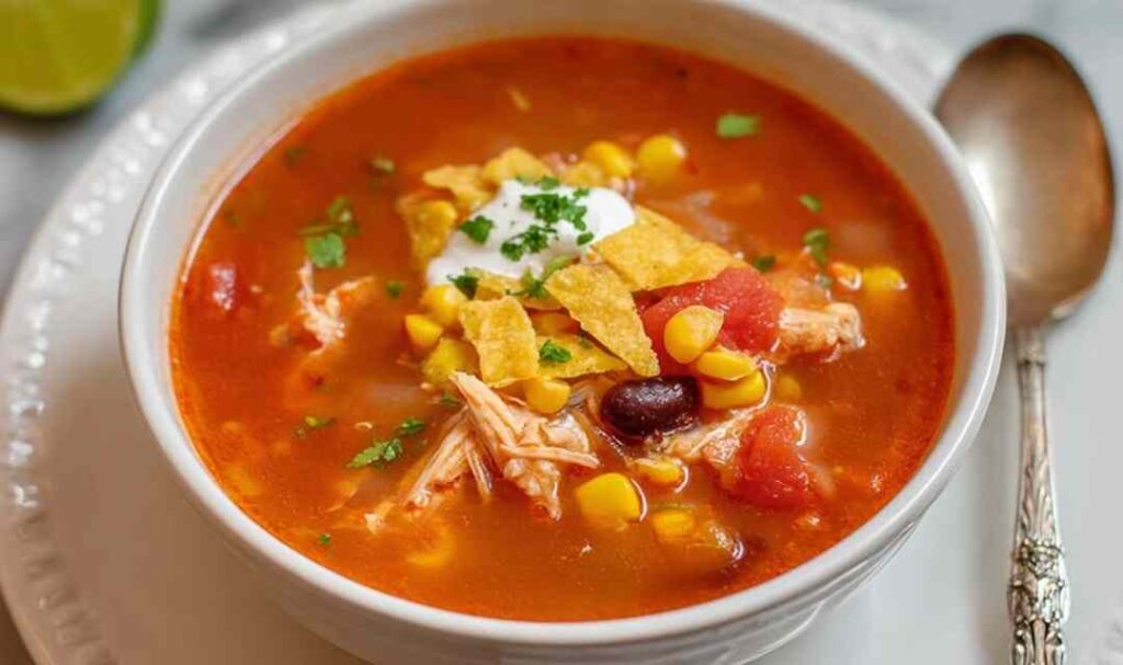 A bowl of Southwest chicken soup topped with crushed tortilla chips, sour cream, and avocado slices