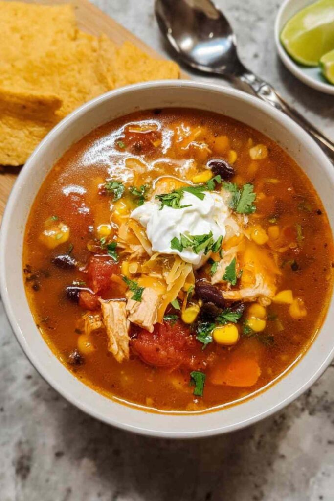 A bowl of Southwest chicken soup topped with crushed tortilla chips, sour cream, and avocado slices