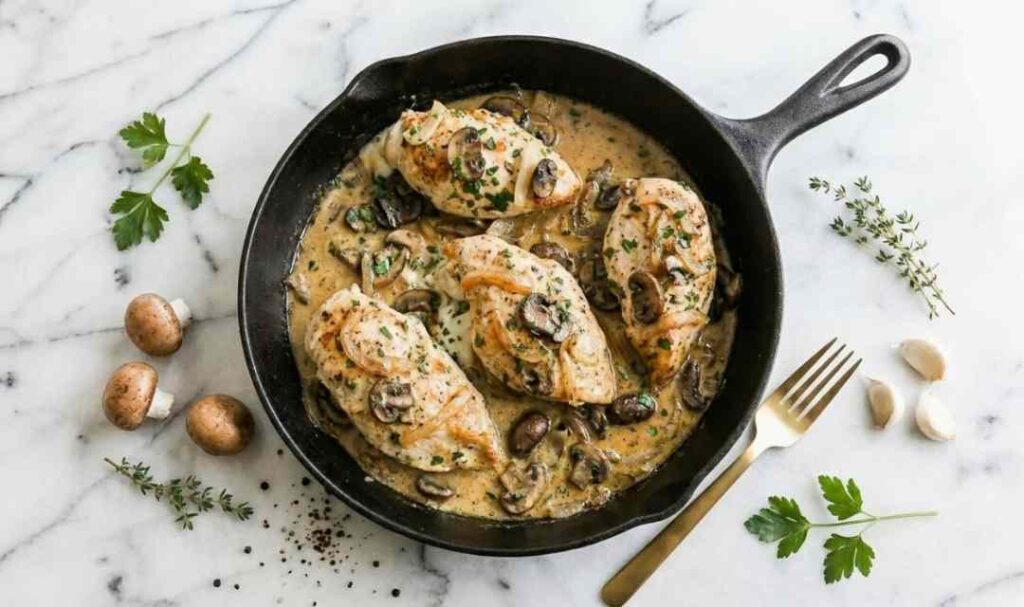 Stuffed chicken Marsala with fontina cheese in Marsala mushroom cream sauce in a skillet