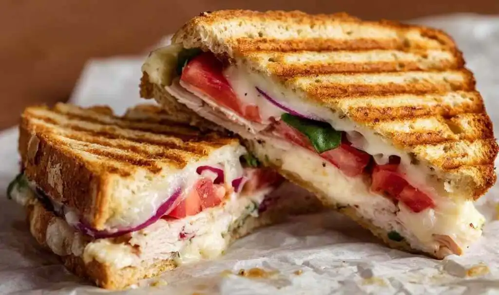 Toasted Frontega Chicken Panini sliced in half showing melted mozzarella and chipotle mayo on golden focaccia