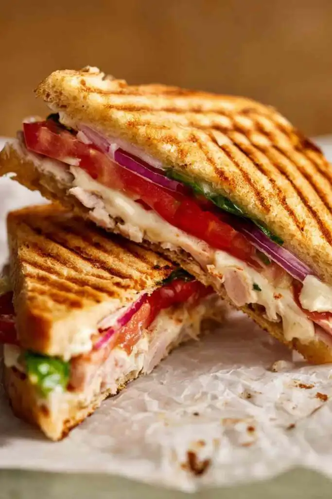 Toasted Frontega Chicken Panini sliced in half showing melted mozzarella and chipotle mayo on golden focaccia
