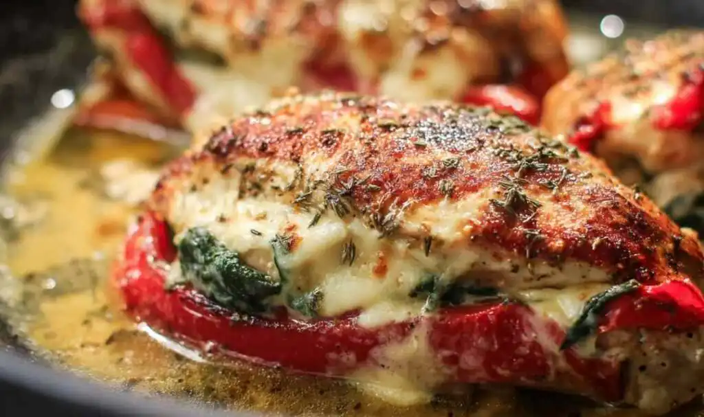 Tuscan Stuffed Chicken 5 Tuscan stuffed chicken seared in a cast-iron skillet with roasted red peppers and provolone