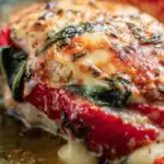 Tuscan stuffed chicken seared in a cast-iron skillet with roasted red peppers and provolone