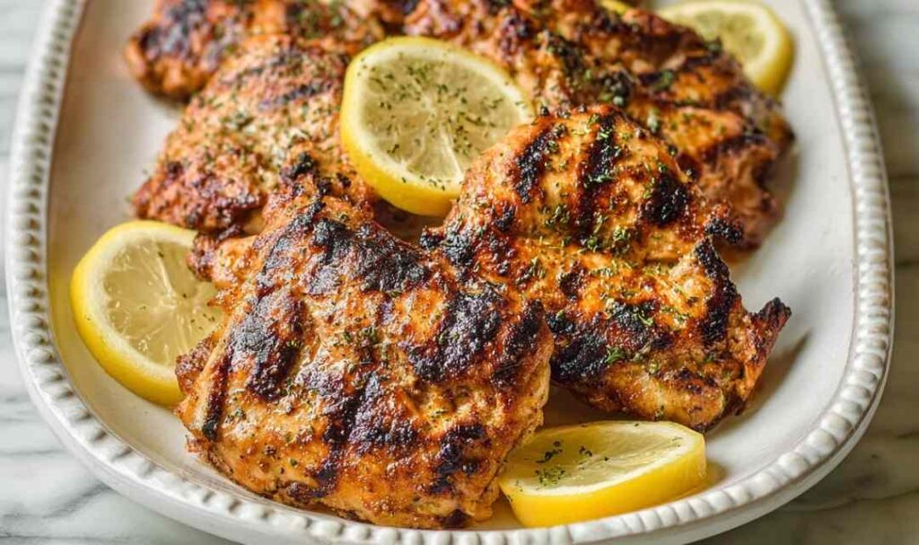 Sumac yogurt marinated chicken thighs with deep char marks served over white yogurt sauce with fresh lemon wedges