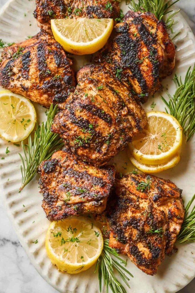 Sumac yogurt marinated chicken thighs with deep char marks served over white yogurt sauce with fresh lemon wedges